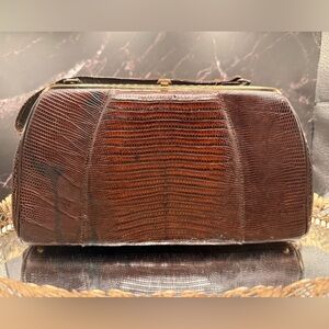 Vintage Sterling Lizard Embossed Leather Handbag Brown Frame Purse - read